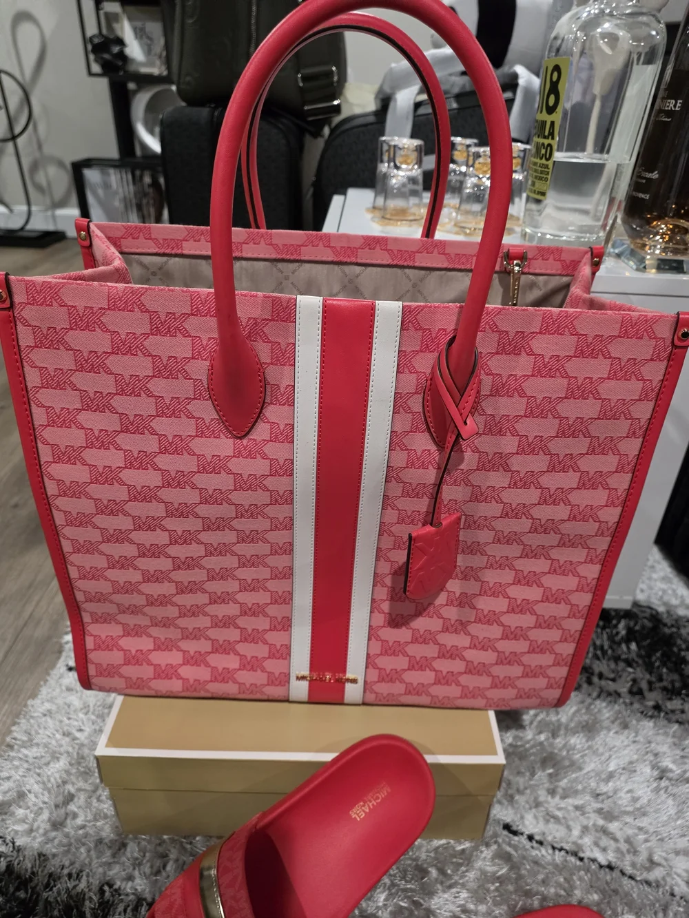 Michael Kors Grapefruit Pink Signature Stripe Tote with Matching Slides